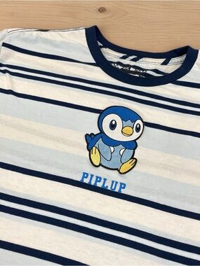 Pokemon Piplup Patch Striped Tee — White & Navy